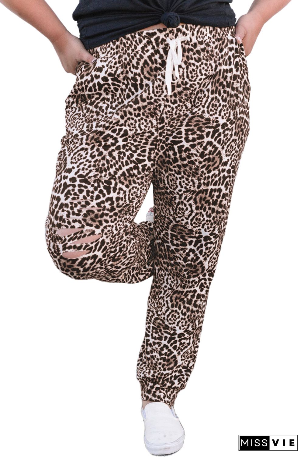 Leopard Print Ripped Drawstring Mid Waist Plus Size Pants