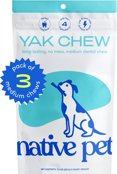 Native Pet Medium Natural Gluten-Free and Lactose-Free Yak Cheese Flavored Dental Dog Chew Treat， 8-oz bag， 3 count