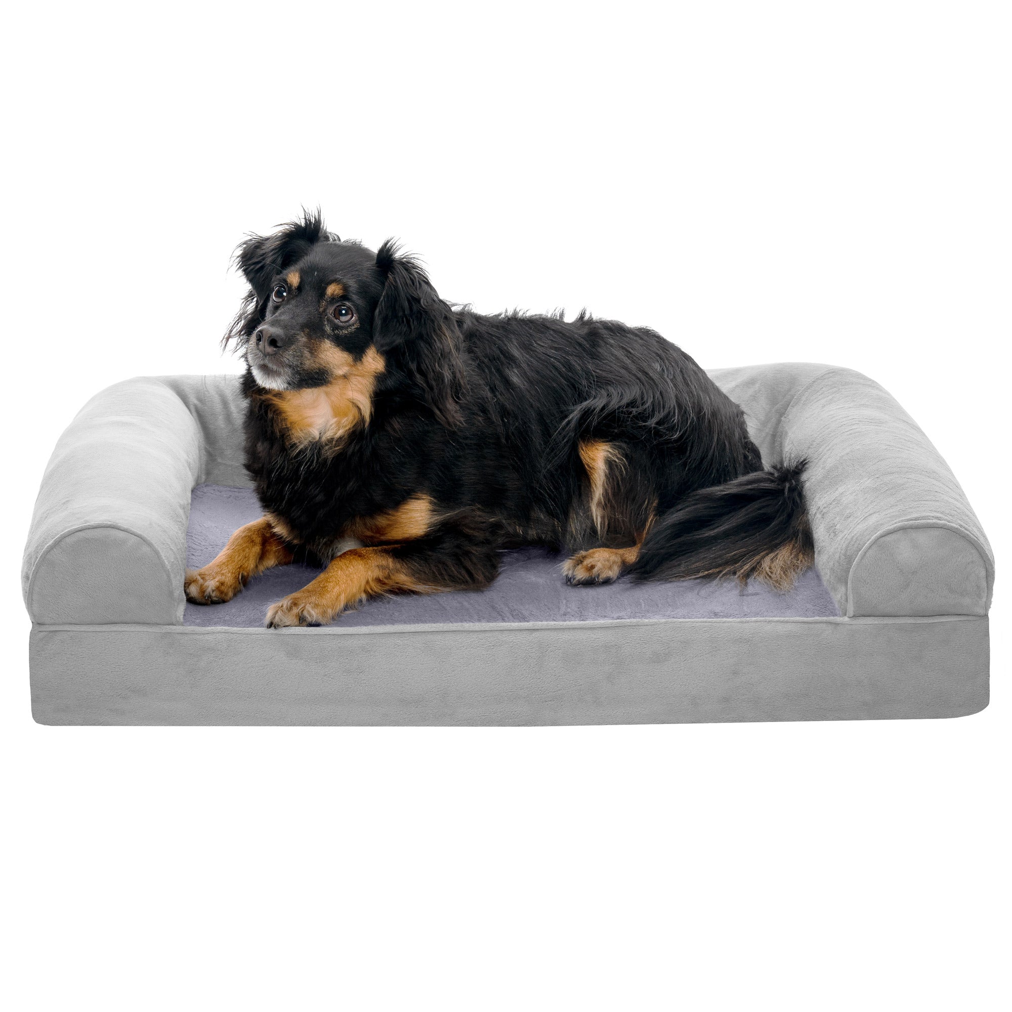 FurHaven | Orthopedic Faux Fur & Velvet Sofa Pet Bed for Dogs & Cats, Smoke Gray, Medium