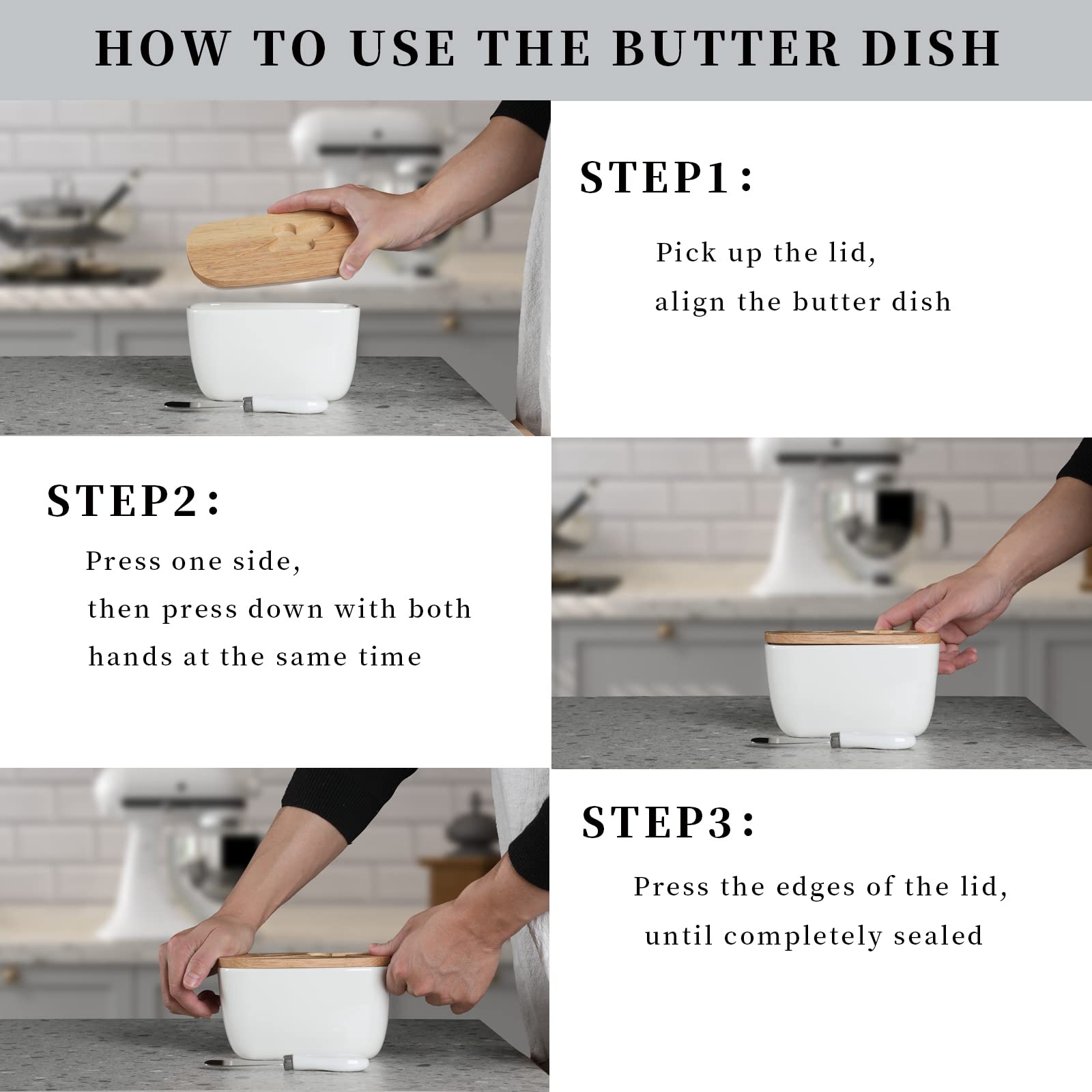 Butter Dish - Large Ceramics Butter Holder with Silicone Sealing， Natural Wooden Lid and Stainless Steel Knife， Perfect for 4 Stick of Butter， White