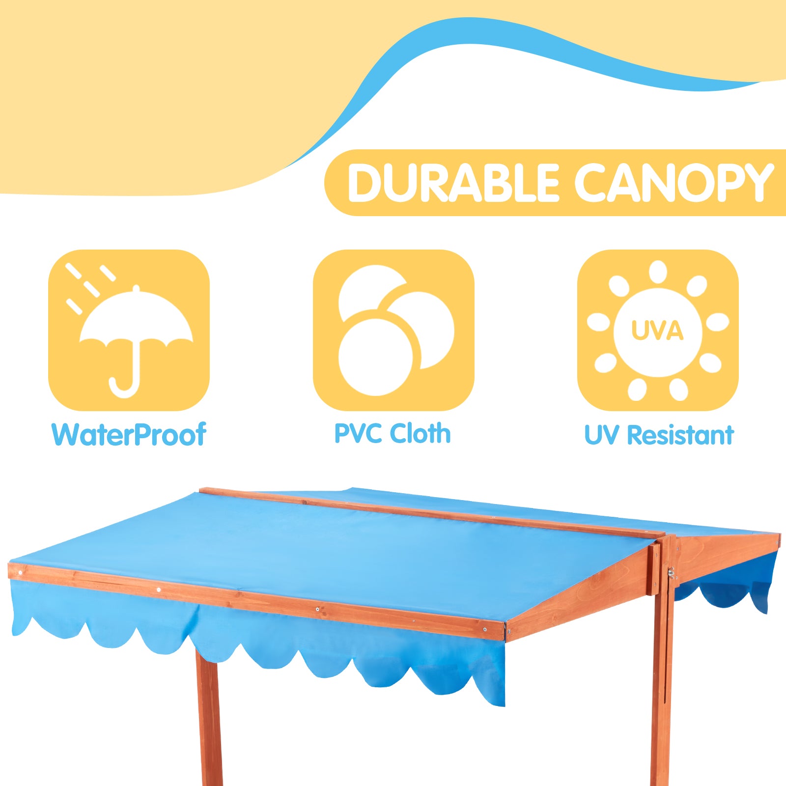 AVAWING Kids Sandbox with Canopy(47.2x 47.2x 47.2)，Wooden Sandbox Toys for Toddlers aged 2-4， with Two Beach Seats， UV-Resistant and Adjustable Height Roof Sand Protection， Blue and Red