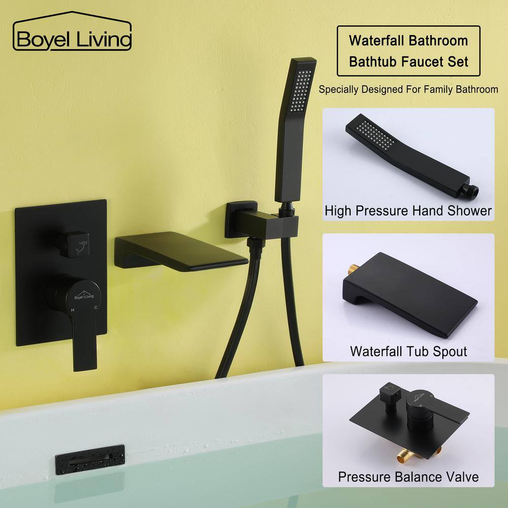 Boyel Living Single-Handle Wall Mount Roman Tub Faucet with Hand Shower in Matte Black SMD-88020B