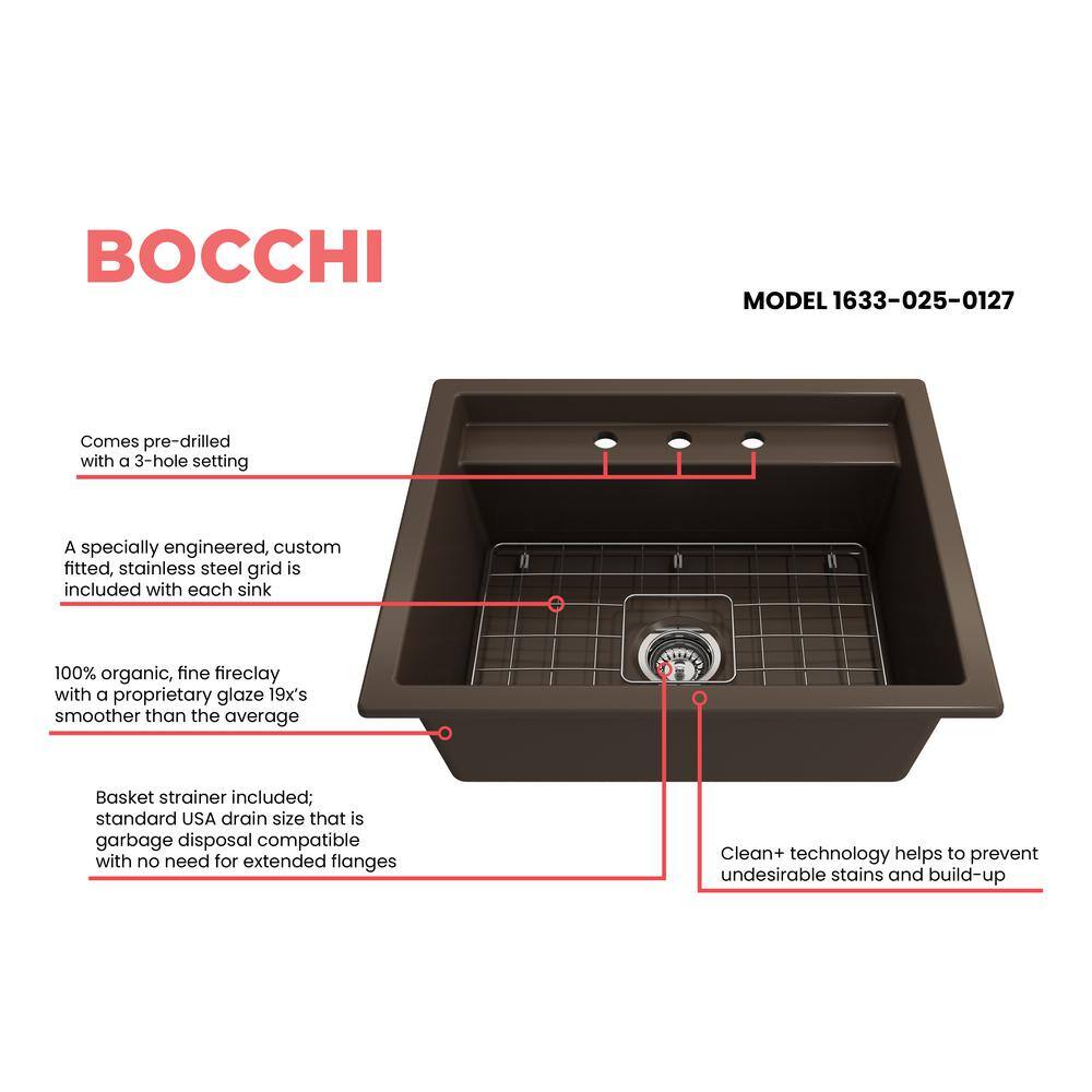 BOCCHI Baveno Uno Matte Brown Fireclay 27 in. Single Bowl UndermountDrop-In 3-hole Kitchen Sink wIntegrated WS and Acc. 1633-025-0127