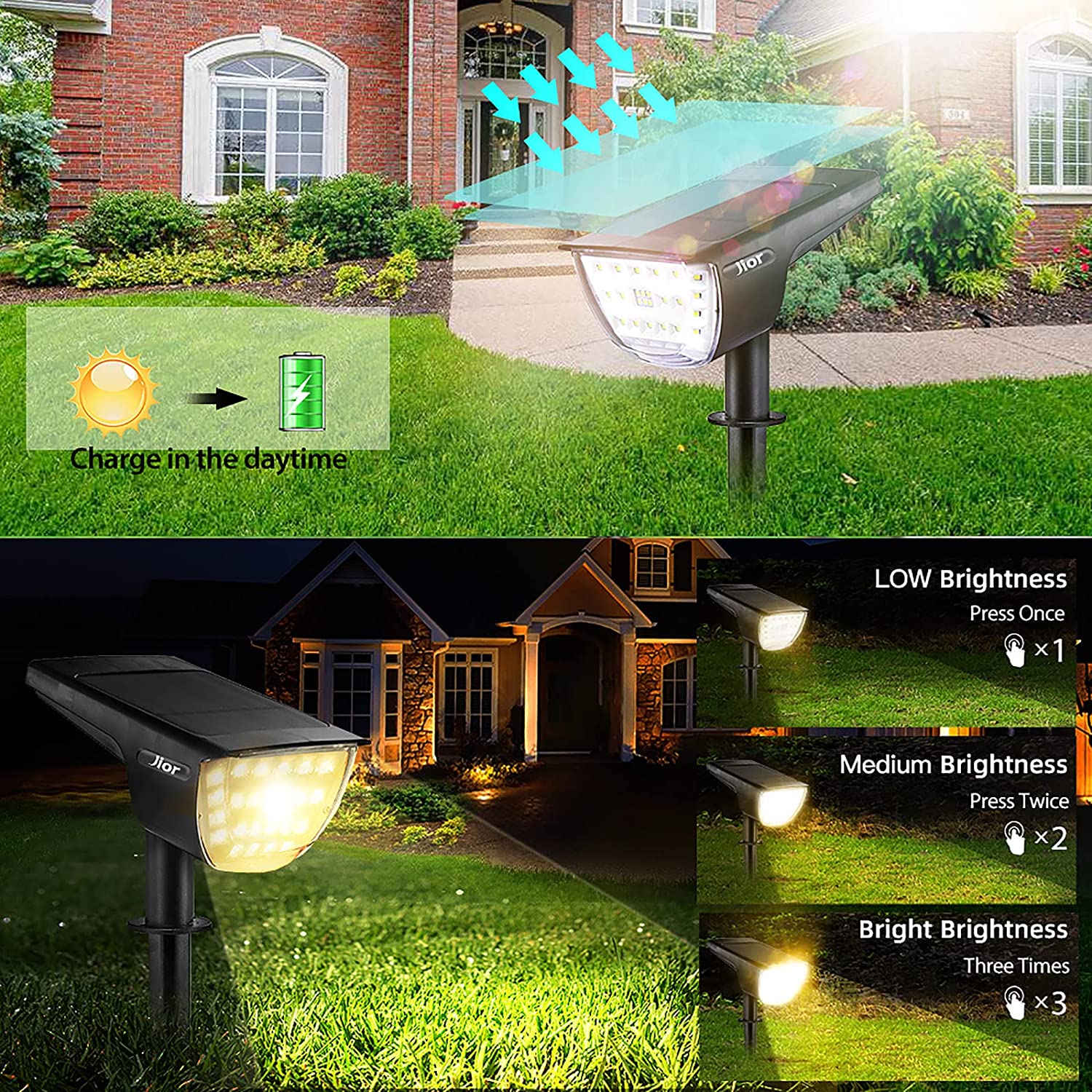 JIOR Solar Landscape SpotLights Outdoor 32 LED IP65 Waterproof Solar Powered Wall Lights 2-in-1 Adjustable Lights for Garden Yard Driveway Walkway Pool Patio 4 Pack (Warm White)