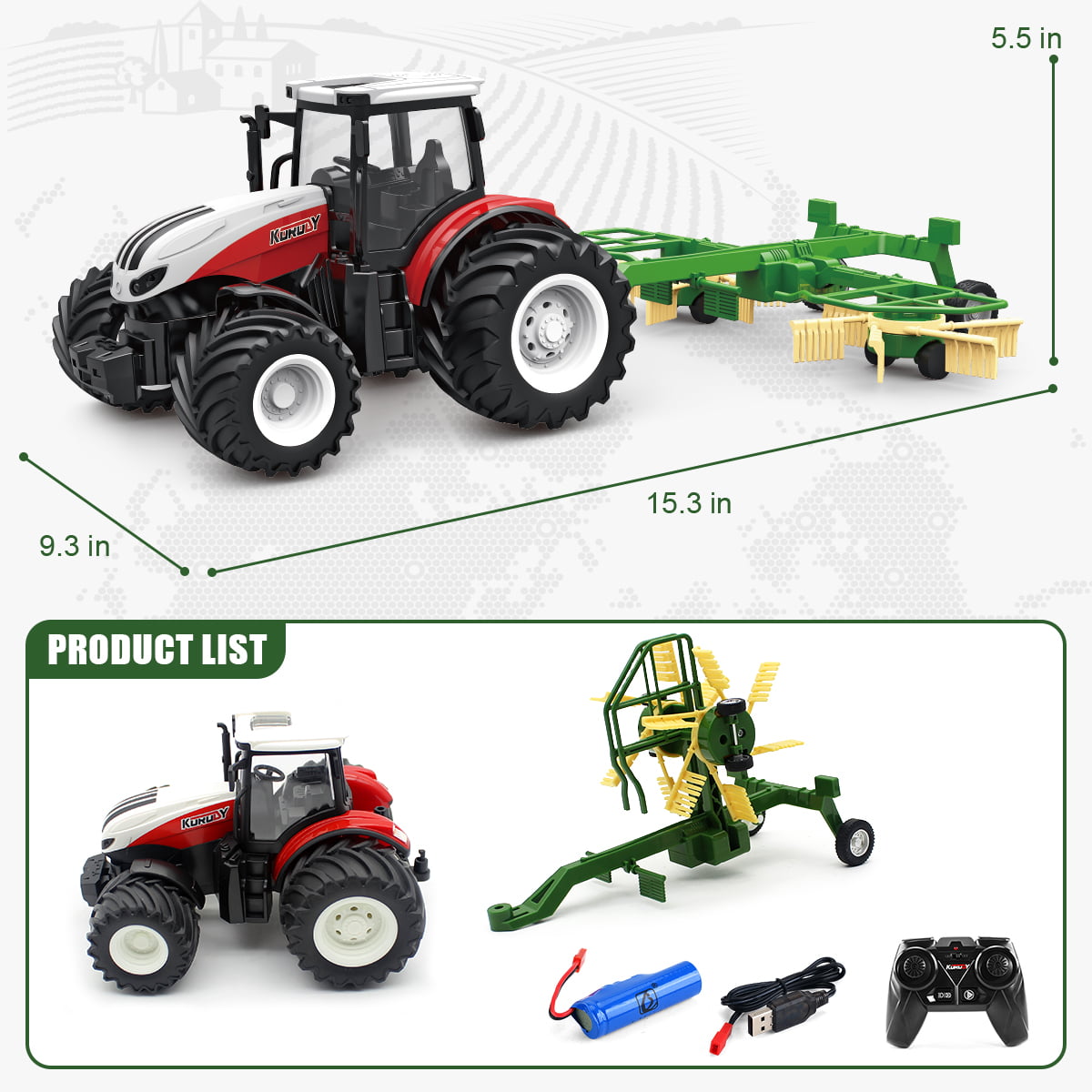 Fisca Remote Control Farm Tractors Toys for Kids with Windrower， RC Farm Trucks Vehicles for Toddlers