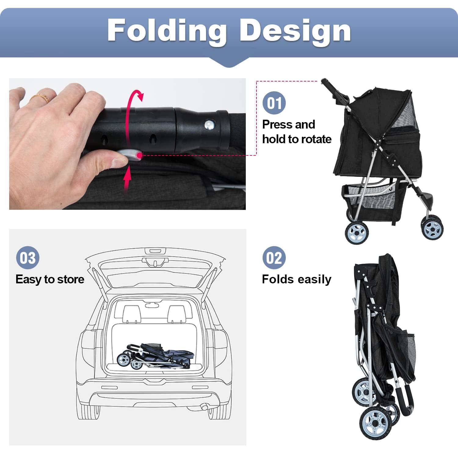 BestPet Pet Stroller Dog Cat Jogger Stroller Folding with Cup Holder (Black， 3 Wheels)