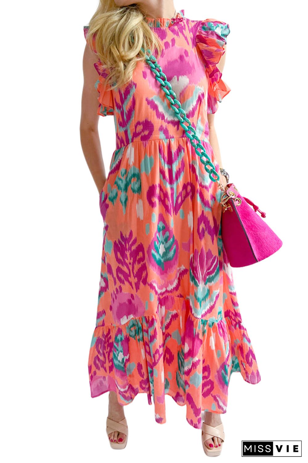 Multicolor Abstract Floral Print Frill Neck Ruffle Maxi Dress