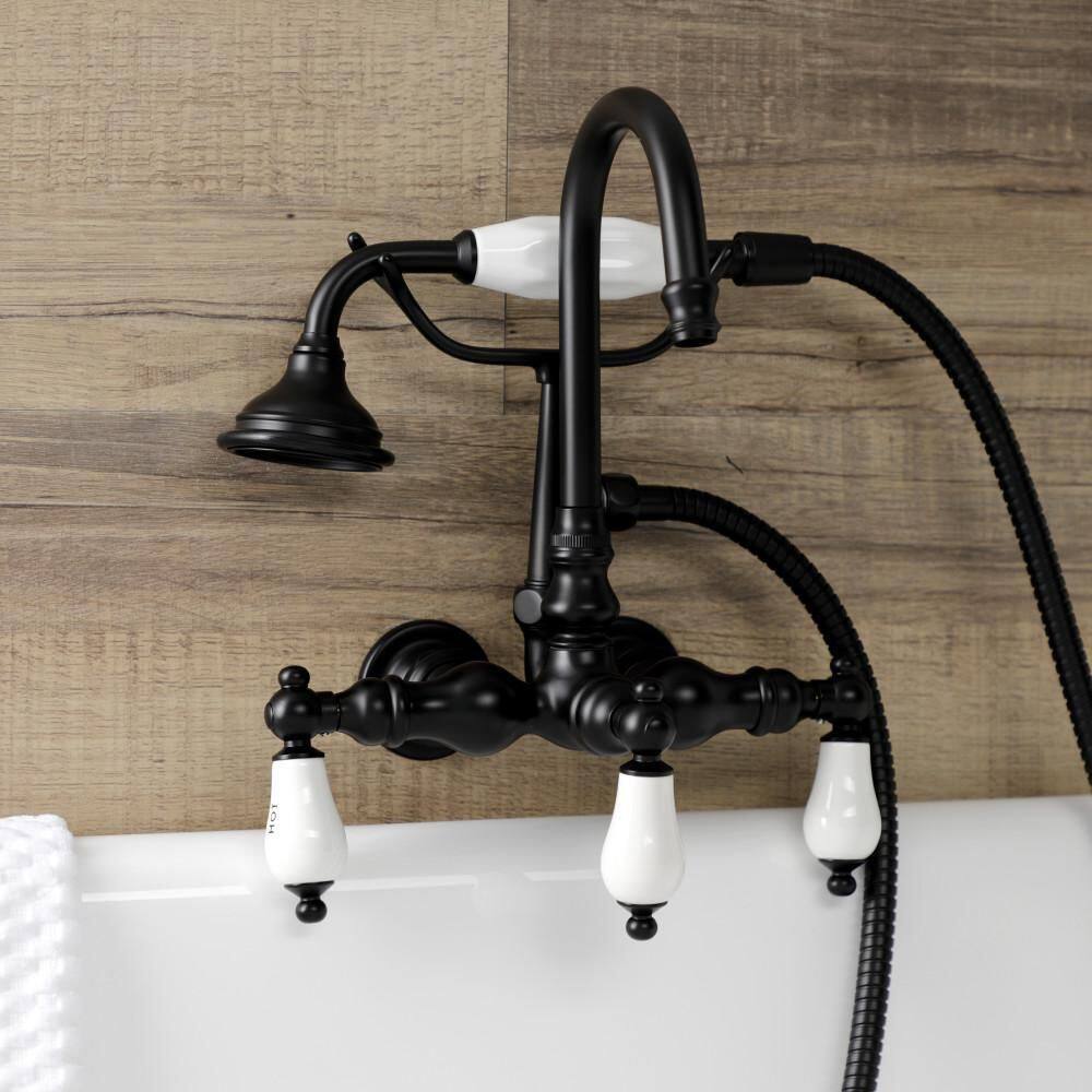 Kingston Brass Aqua Vintage 3-Handle Wall-Mount Clawfoot Tub Faucets with Hand Shower in Matte Black HAE9T0