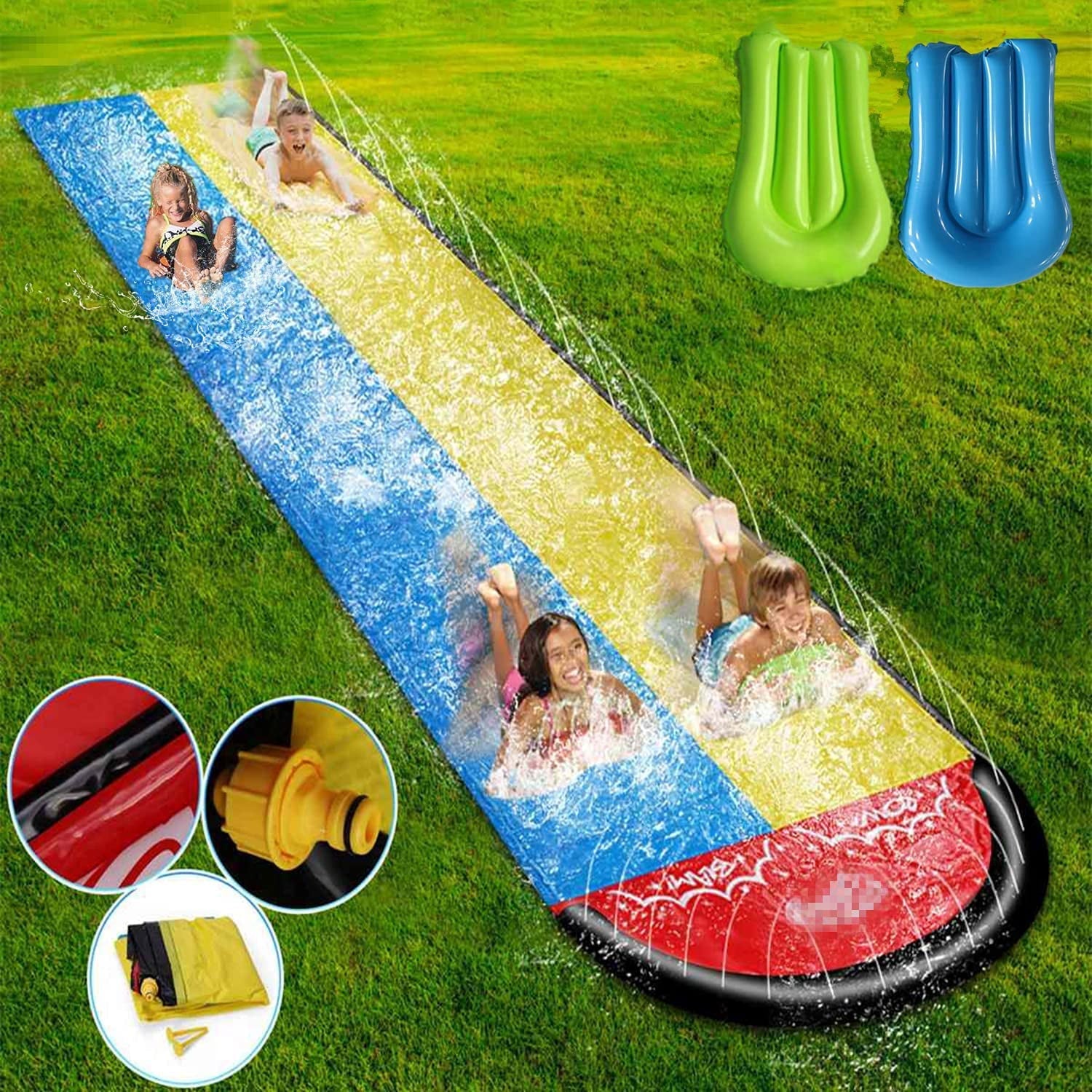 Slip and slide for adults kids backyard - 16FT Inflatable water slide, Giant Racing Lane Lawn Waterslide, Kids pool water slides with Crash pad, Splash Sprinkler, Boogie boards for outdoor water toys