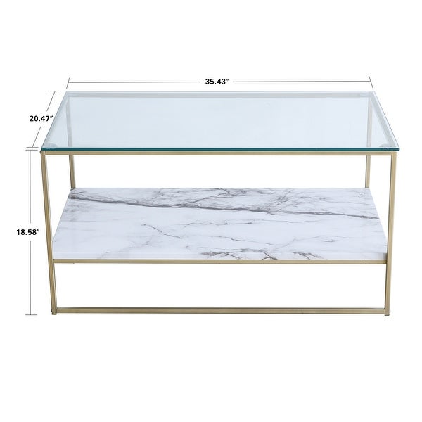 Roomfitters 2 Tier White Faux Marble Print Coffee Table with Glass Top