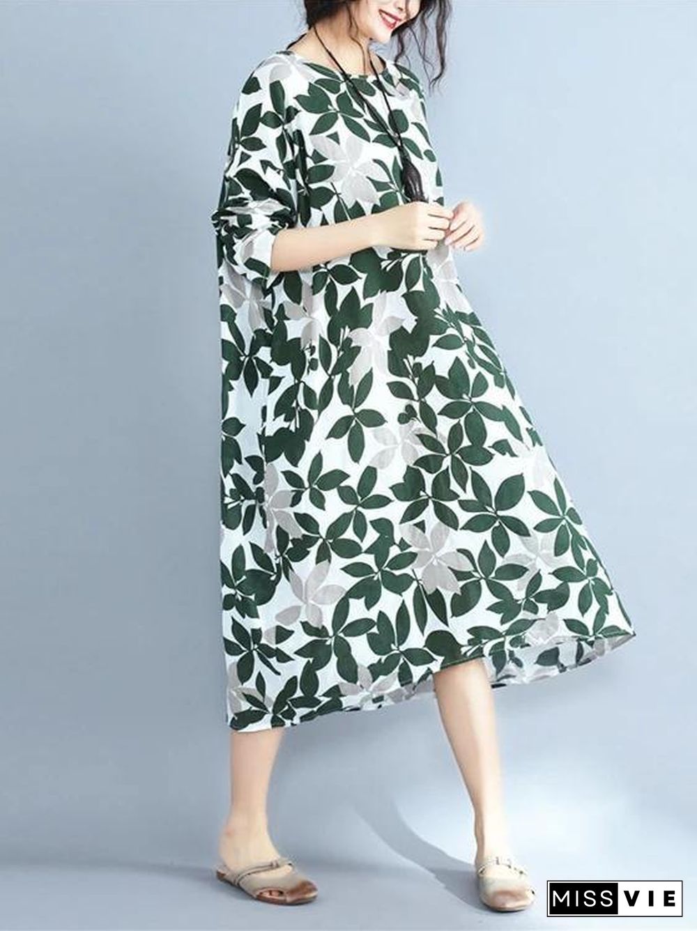 Italian green print cotton clothes For Women o neck long sleeve Maxi Dress