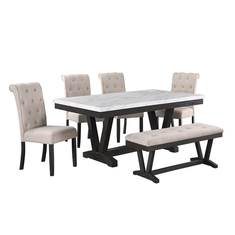 Best Quality Furniture 6 Piece Faux Marble Wrap Table Top Dining Set with Bench