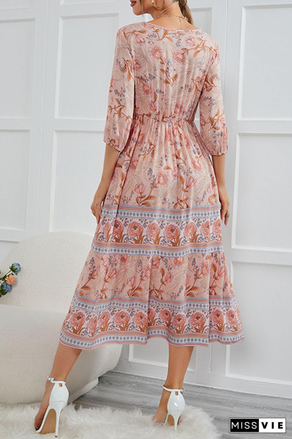 Bohemian Floral Buckle V Neck A Line Dresses