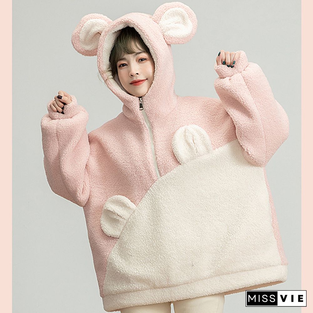 Cartoon Bear Ears Zipper Colorblock Loose Hoodie