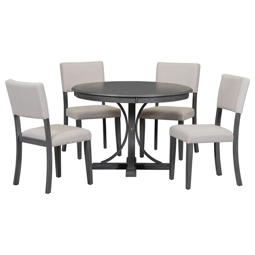 5 Piece Retro Round Dining Table Set with Curved Trestle Style Table Legs and 4 Upholstered Chairs