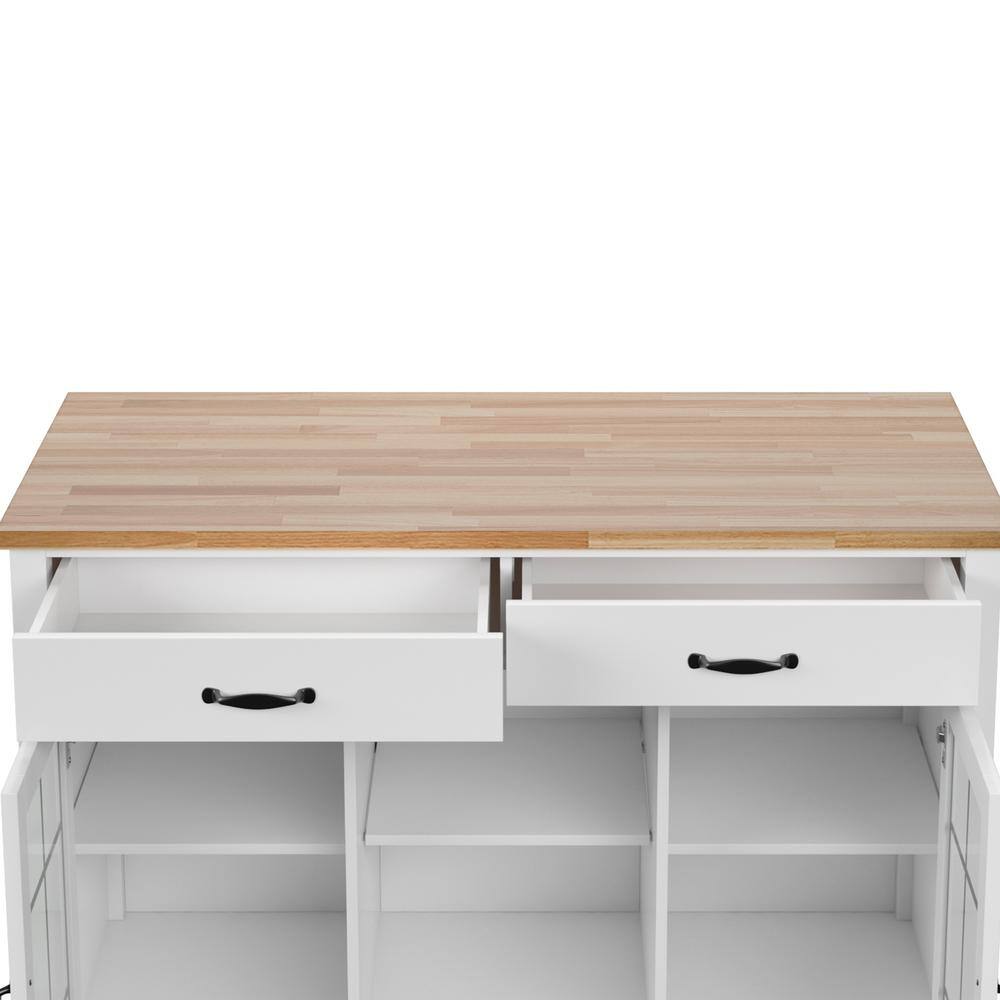 Twin Star Home Brilliant White and Wood Top 50 in. Kitchen Island with Cabinets and Optional Casters KC8671-PF08