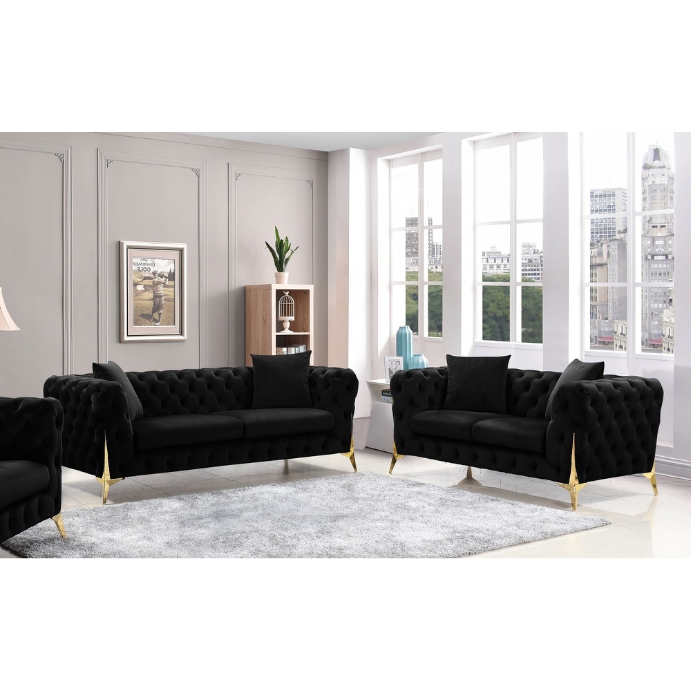 Ursula Black Velvet Tufted Sofa and Loveseat Set