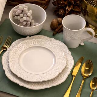 Elama 16-Piece Luna Embossed Scalloped White Stoneware Dinnerware Set (Service for 4) 985114761M