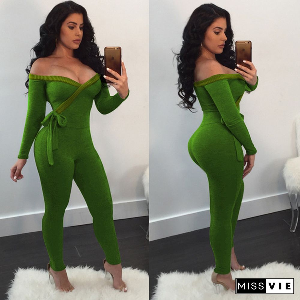 Jumpsuit Women Off Shoulder Bodycon Long Sleeve Clubwear Playsuit Jumpsuits Rompers Skinny Sexy Jumpsuits Female Black Trousers