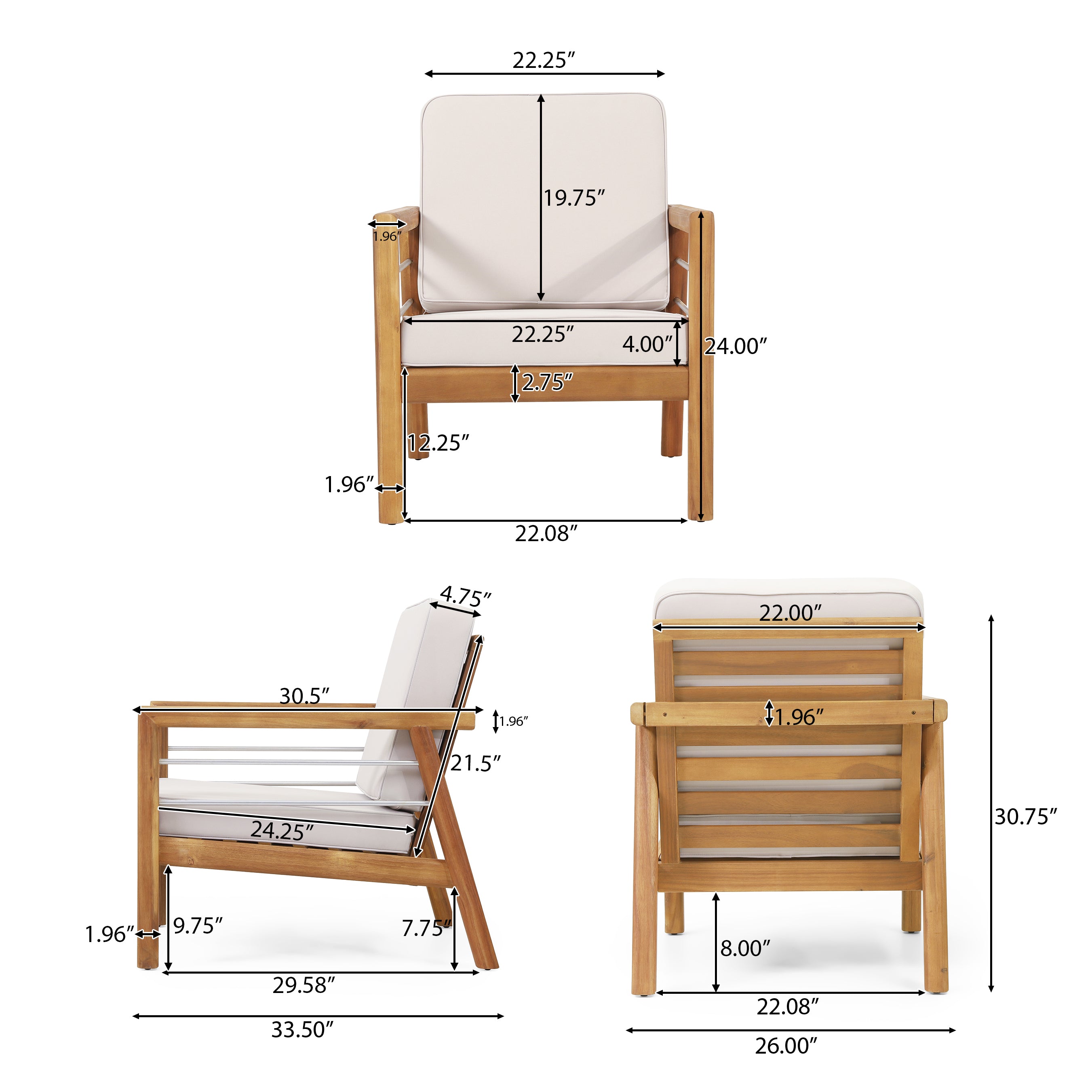 Lindsey Outdoor Acacia Wood Club Chairs with Cushions, Set of 2, Beige and Teak