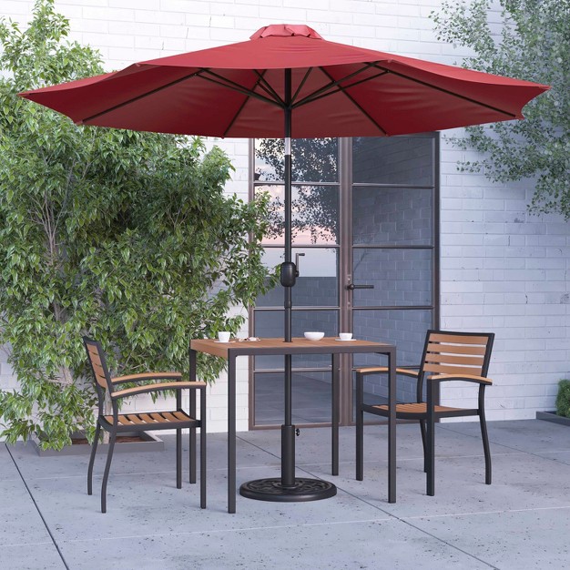 Merrick Lane Five Piece Faux Teak Patio Dining Set Includes Table Two Club Chairs 9 x27 Patio Umbrella And Base