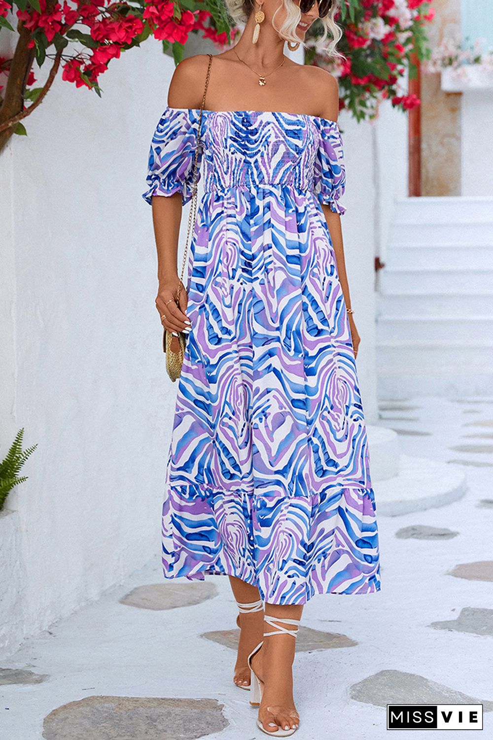 Off Shoulder Smocked High Waist Printed Maxi Dress