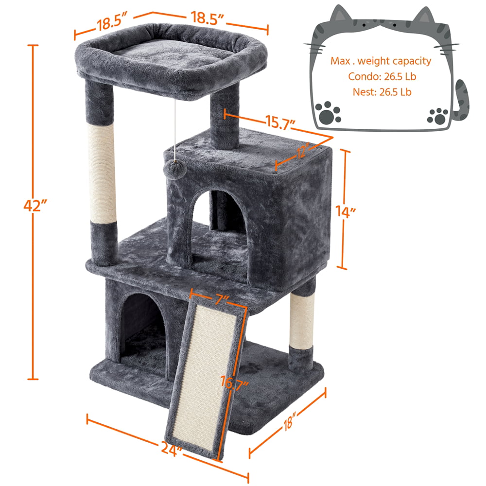 Topeakmart 42'' Double Condo Cat Tree Tower Scratching Posts， Dark Gray