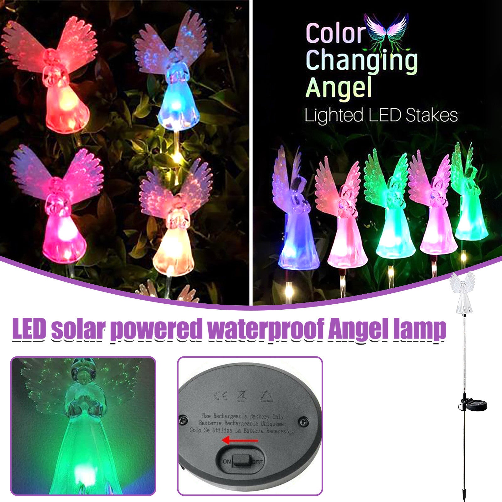 Pompotops 2Pcs Outdoor Solar Angel Light Multi-Color Led Waterproof Lawn Decorative Light