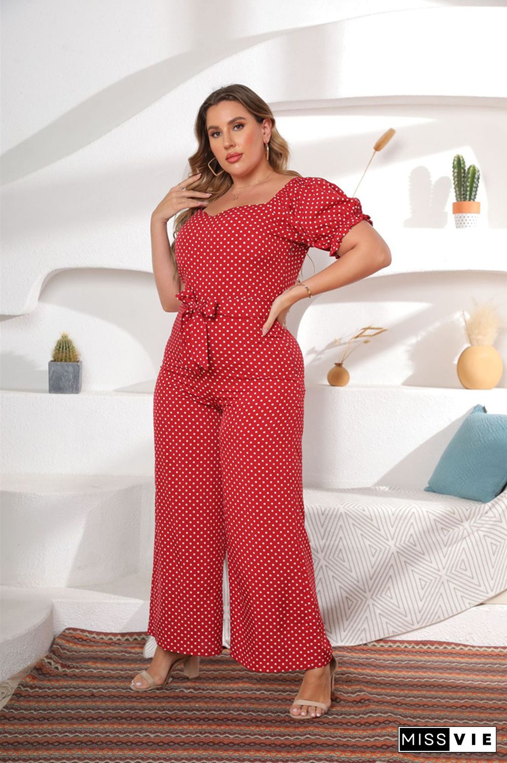 Dot Print Short Sleeve Slash Neck Wide Leg Jumpsuit