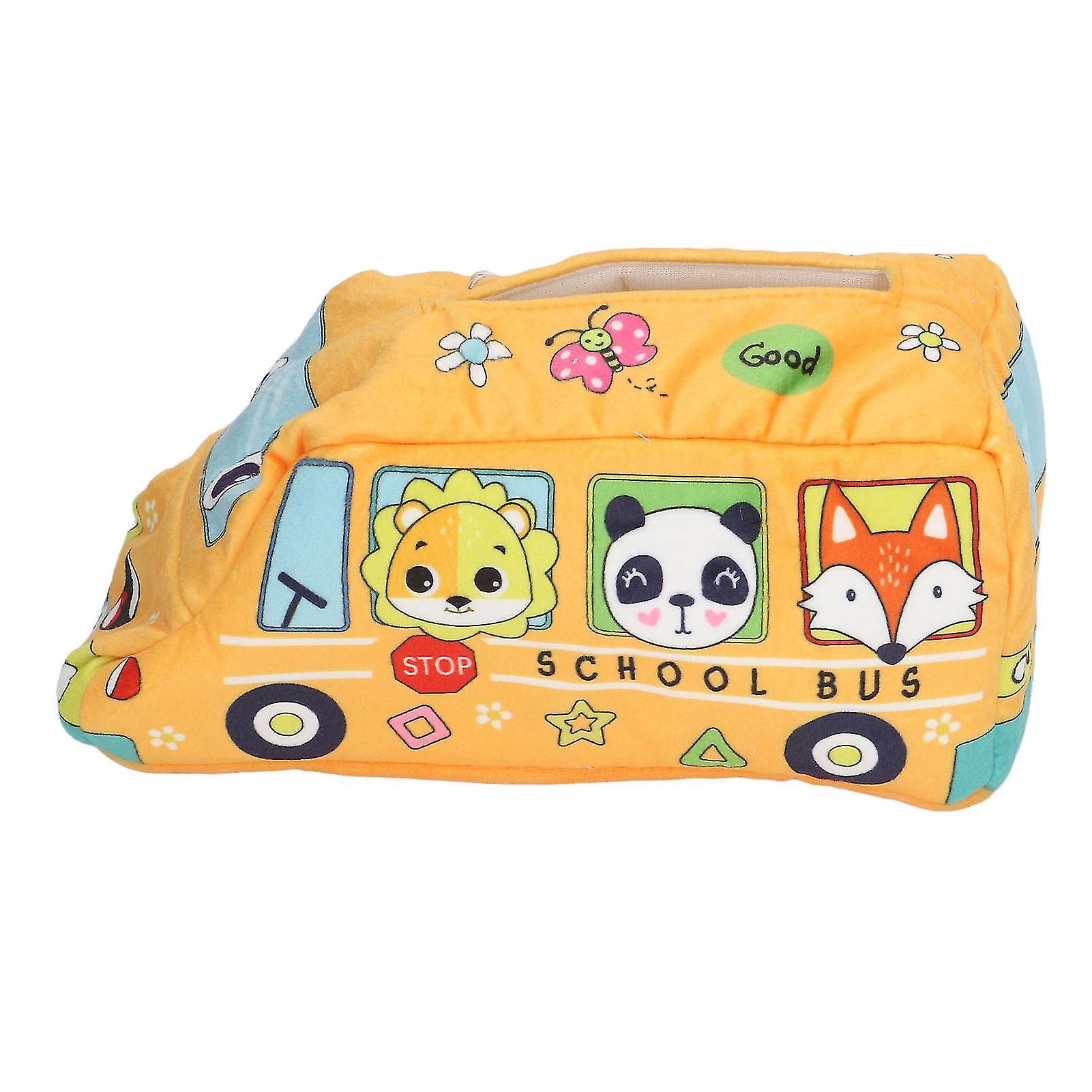 Baby Tissue Box School Bus Shape Educational Interesting Plush Material  Sensory Toy for Infants