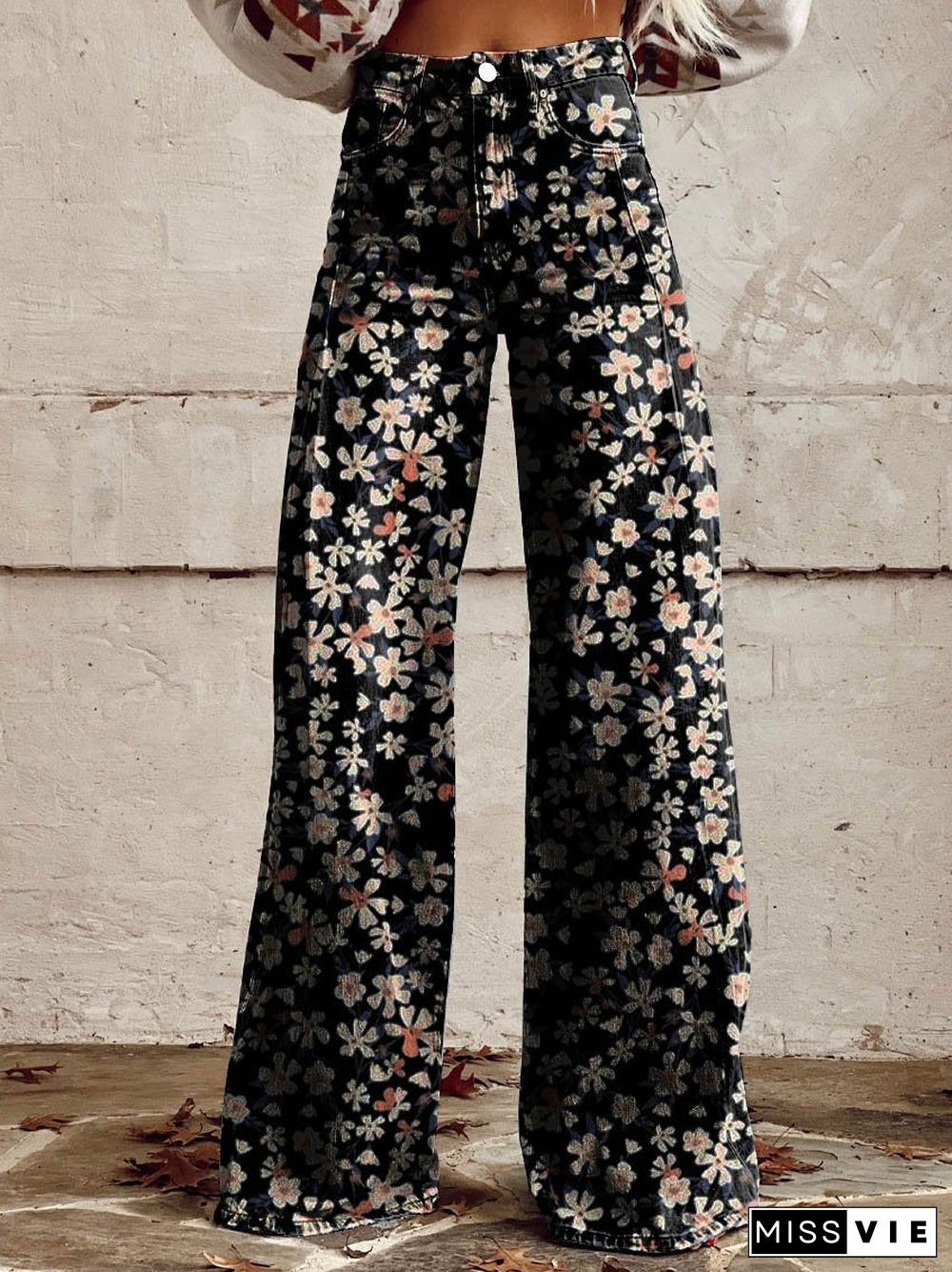 Women's Black Flower Print Casual Wide Leg Pants