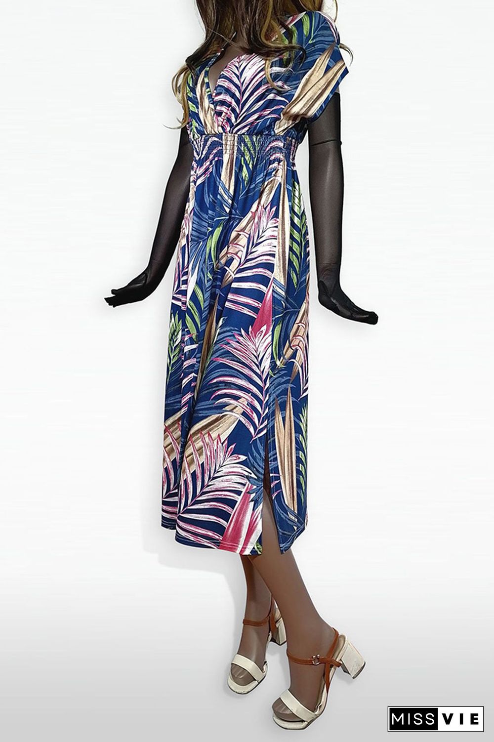 Printed V Neck Smocked Waist Maxi Dress