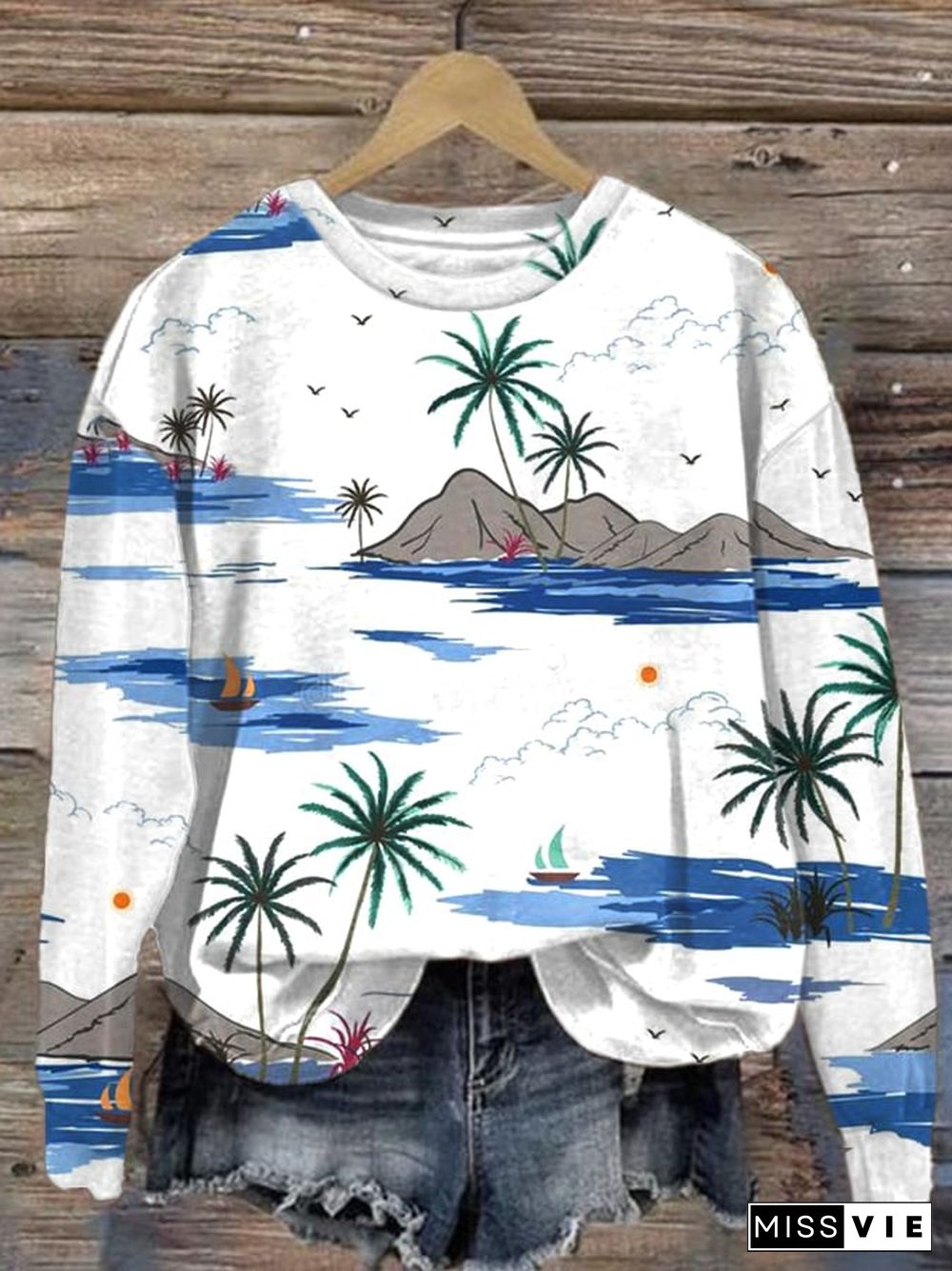 Hawaiian Palm Tree Print Long Sleeve Sweatshirt