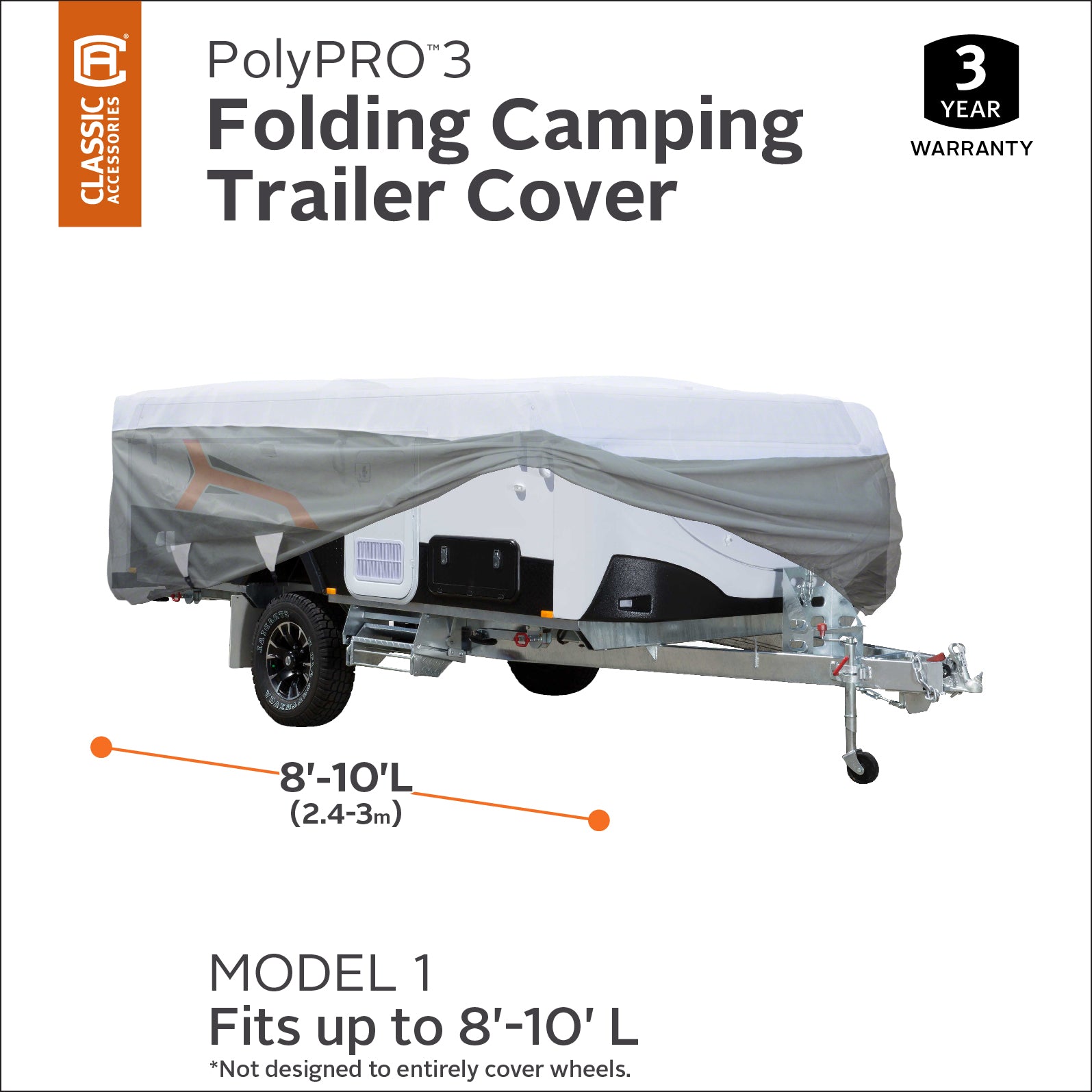 Classic Accessories Over Drive PolyPRO 3 Deluxe Pop-Up Camper Trailer Cover， Fits 8' - 10' Trailers， Max Weather Protection with 3-Ply Poly Fabric Roof RV