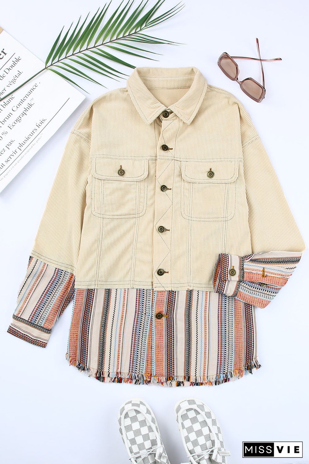 Button Up Pockets Striped Color Block Corduroy Jacket