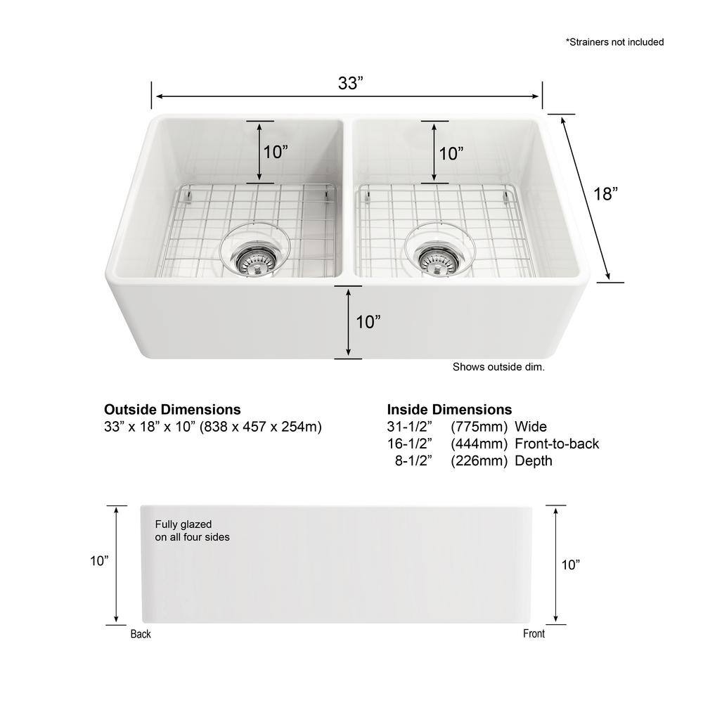 Glacier Bay Farmhouse Apron-Front Fireclay 33 in. Double Bowl Kitchen Sink in White with Bottom Grid 3ABRB-39-001