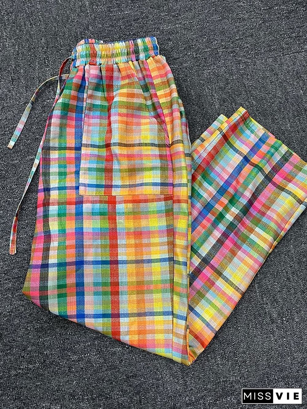 Vintage Check Print Double Patch Pocket Relaxed Pants