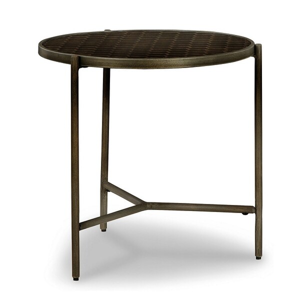 Gus 23 Inch Modern Side End Table， Round Honeycomb Top， Brown Wood， Metal