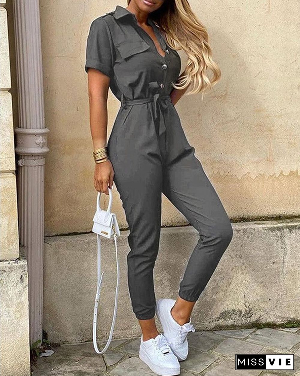 Casual Lapel Buckle Printed Belt Tooling Jumpsuit