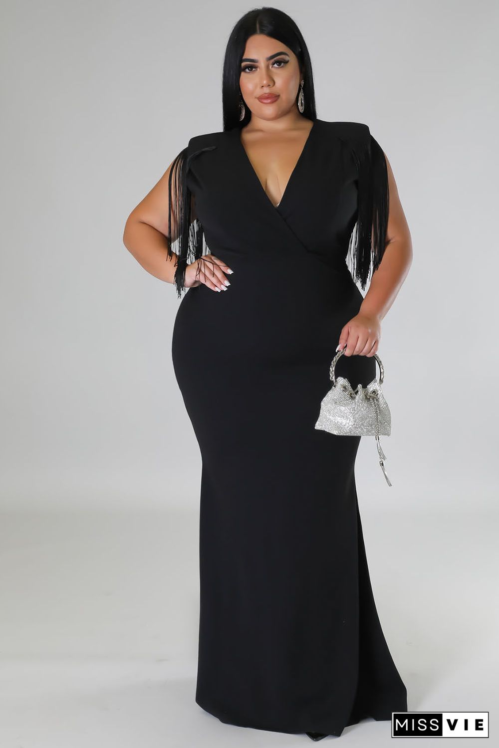 Black Plus Size Surplice V Neck Fringe Formal Maxi Dress