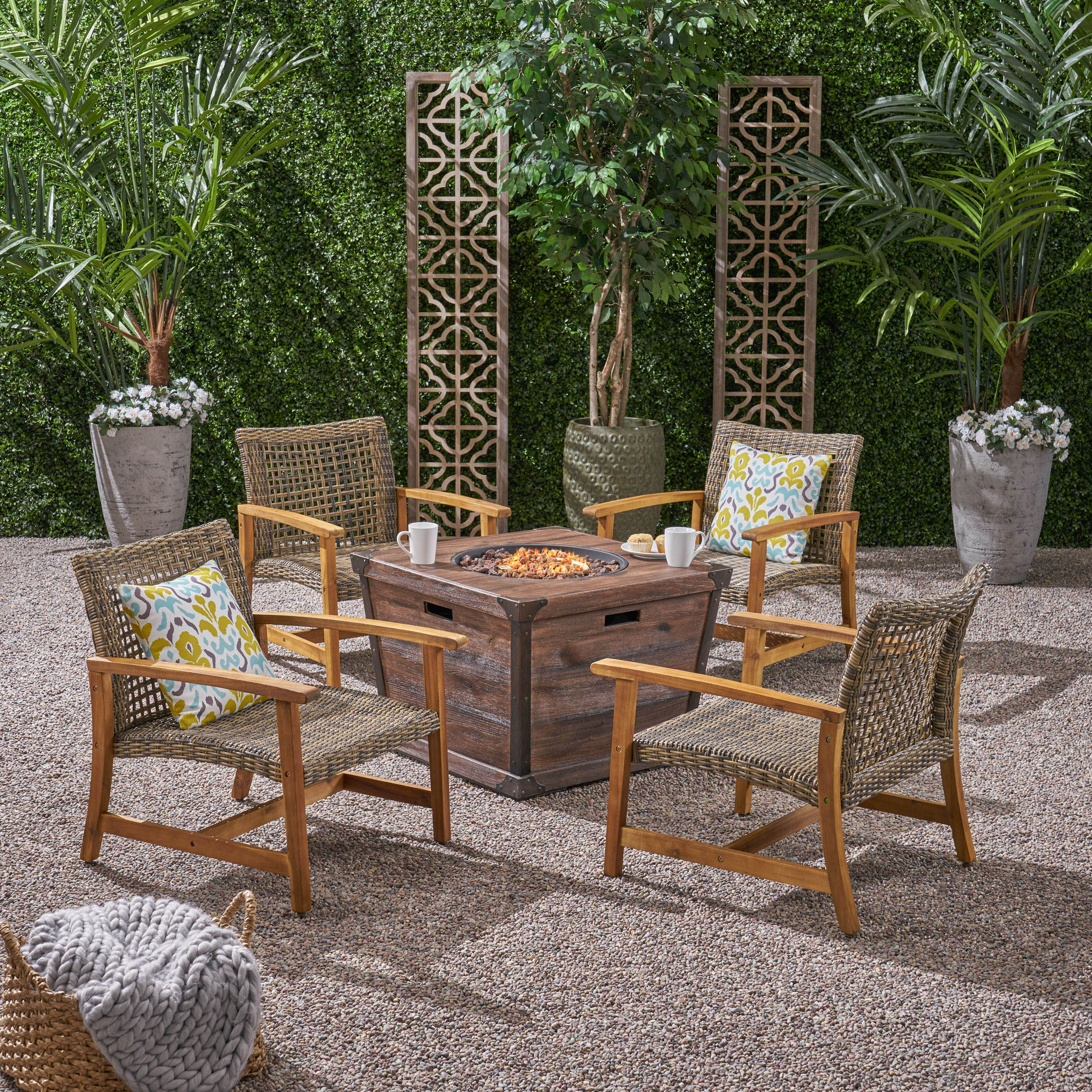 Levant Outdoor 4-Seater Wood and Wicker Club Chair Set with Fire Pit