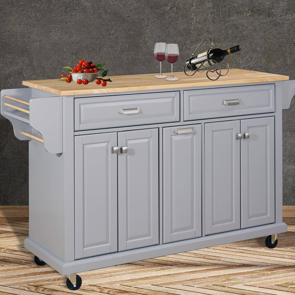 FAMYYT Cambridge Gray Wood Tabletop 60.5 in. Kitchen Island with Adjustable Shelves and Casters XJ-9149GA-L