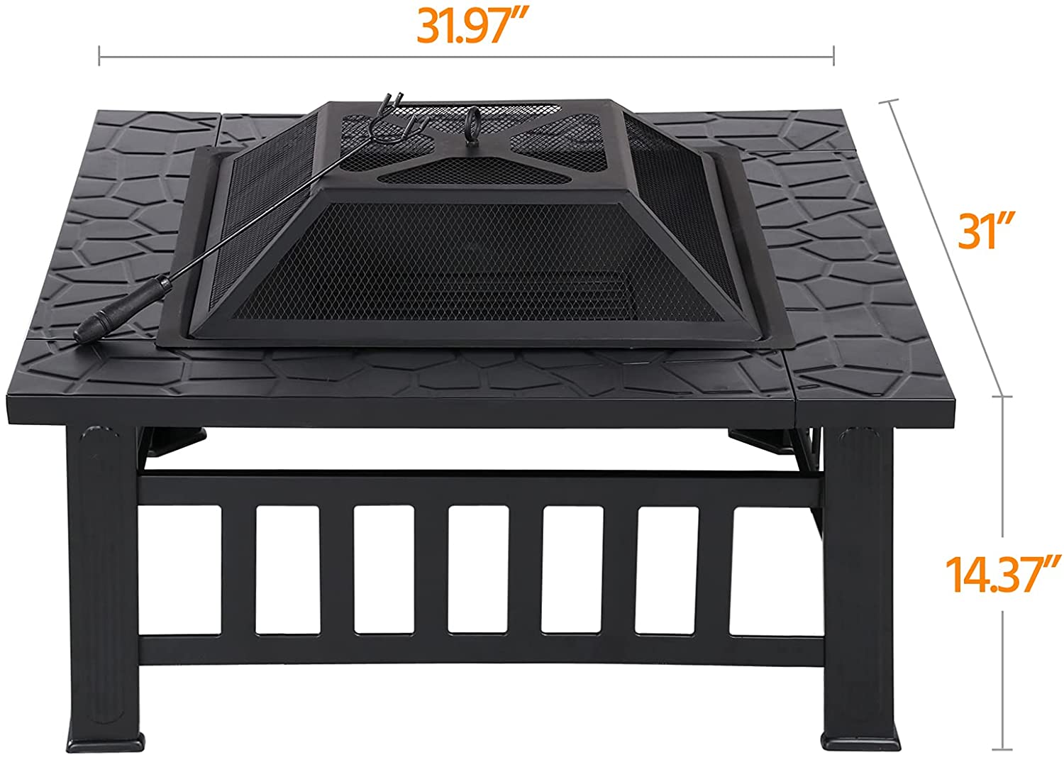 Multifunctional Fire Pit Table 32in Square Metal Firepit Stove Backyard Patio Garden Fireplace for Camping, Outdoor Heating, Bonfire and Picnic