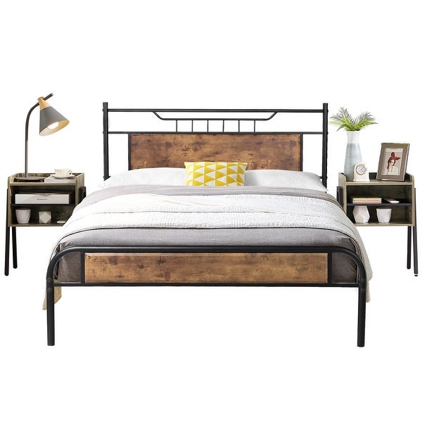 Taomika Industrial 3-pieces Bed and Modern Nightstands Set - - 35162740