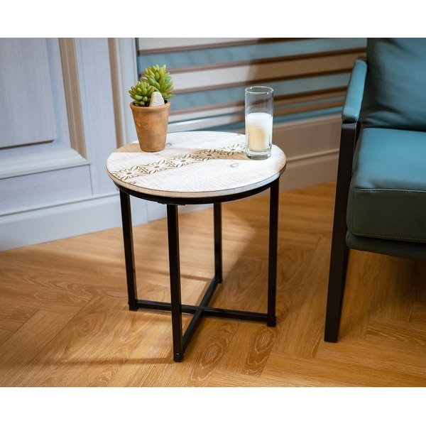 Farmhouse Cottagecore End Table， French Country Hand Carved Top End Table for Living Room， Crossed Metal Frame， White Natural