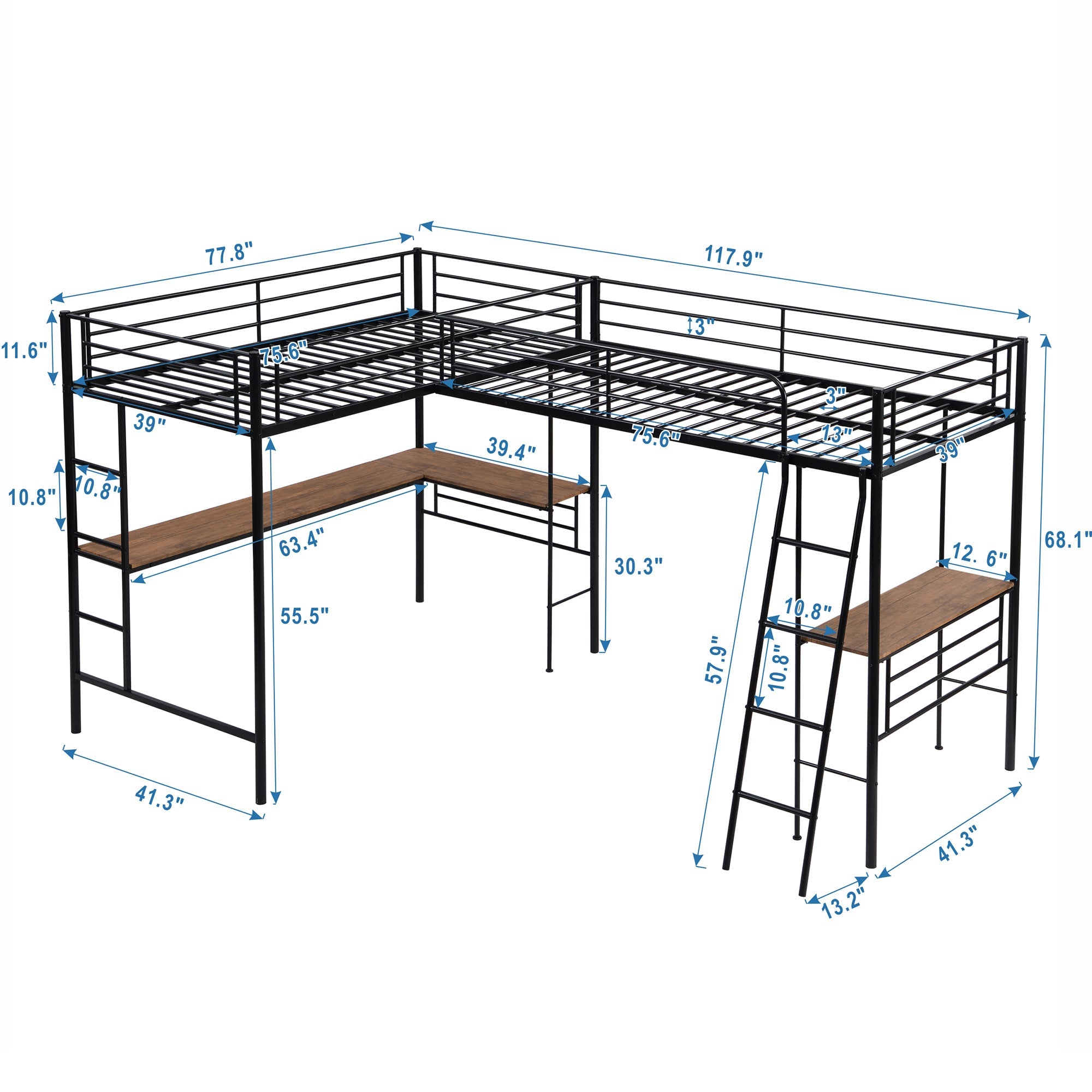 Metal L-Shaped Twin Size Loft Bed with Two Desk for Kids Bedroom, Black