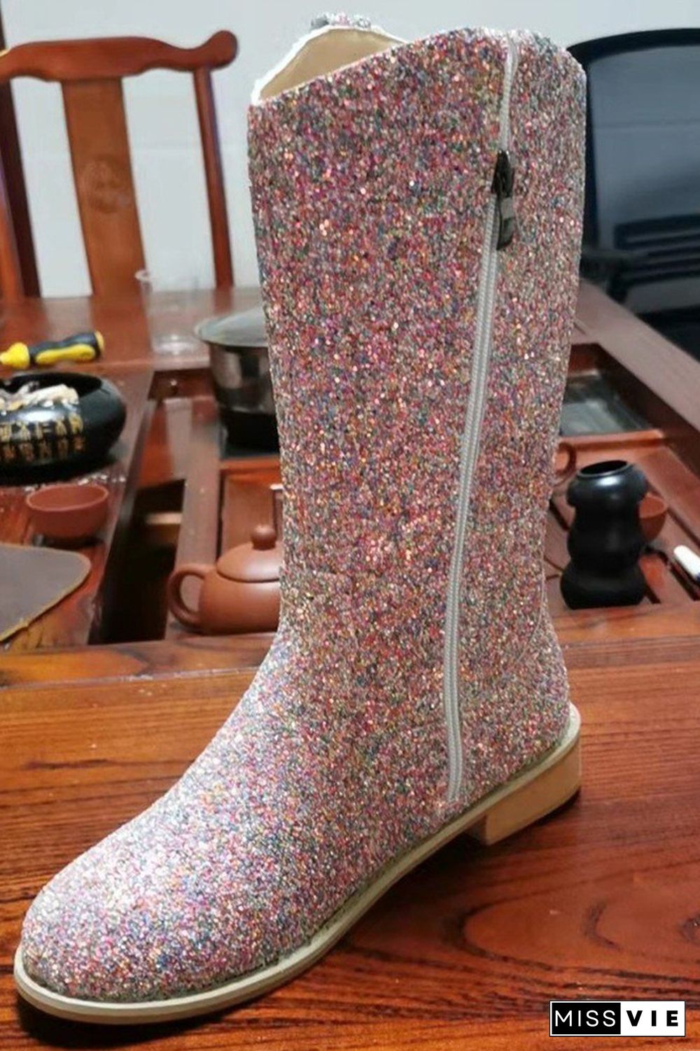 Cow Leopard Print Sequins Zipper Mid-calf Boots Wholesale