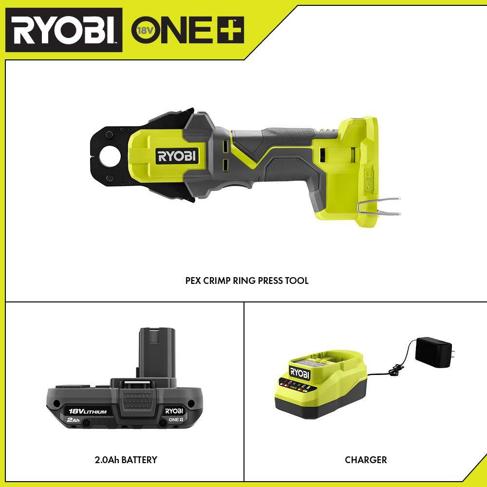 RYOBI ONE+ 18V Cordless PEX Crimp Ring Press Tool and 2.0 Ah Compact Battery and Charger Starter Kit P661-PSK005