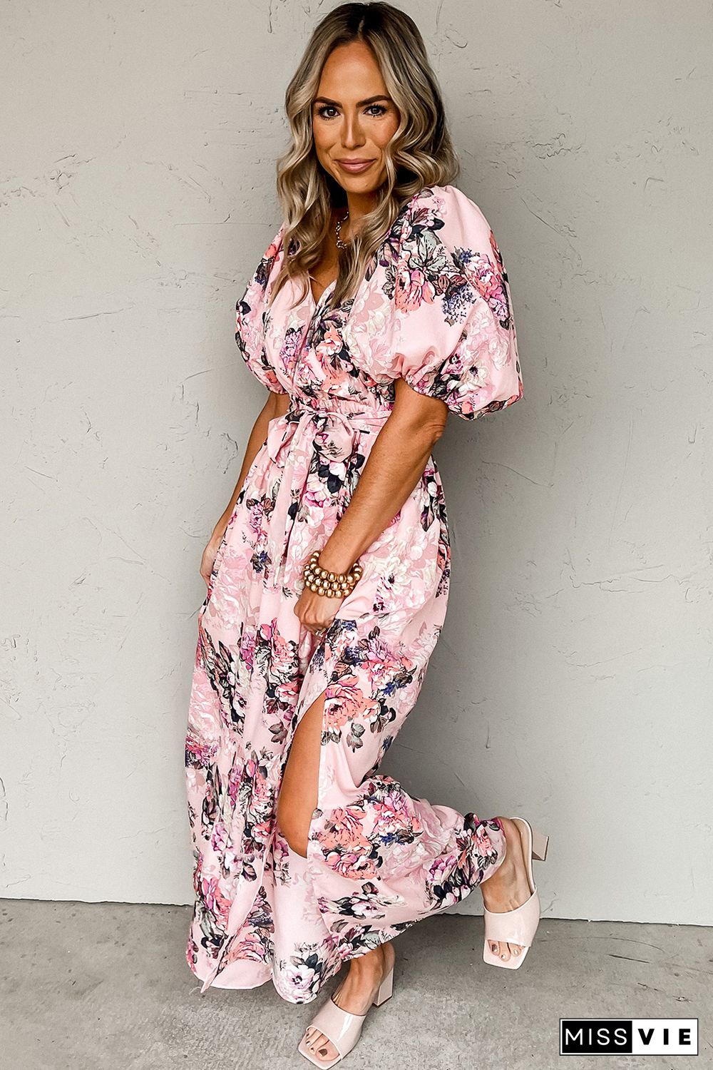 Pink Floral Puff Sleeve High Waist Maxi Dress