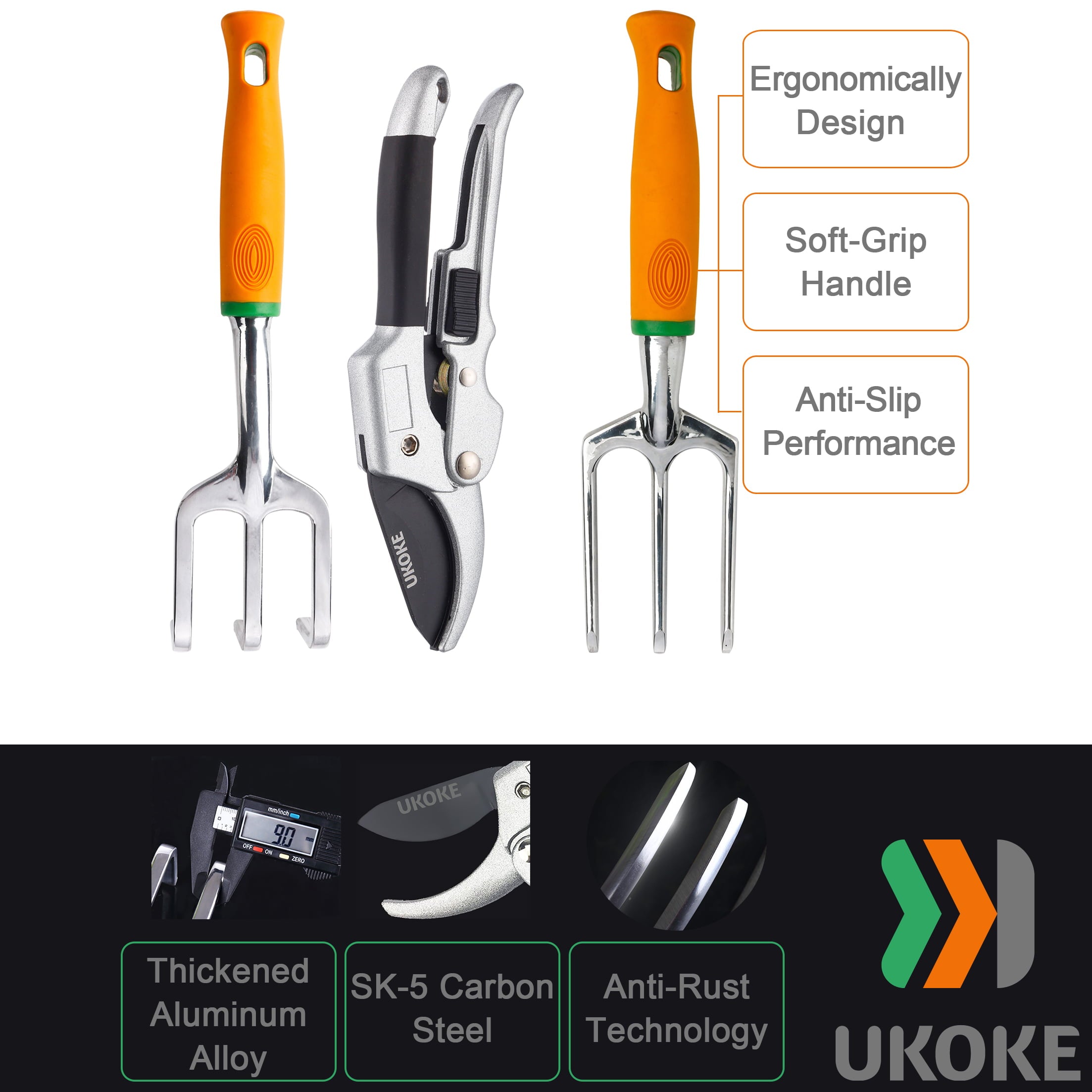 Ukoke 12 Piece Aluminum Garden Tools Set, Gardening Apron with Storage Pocket